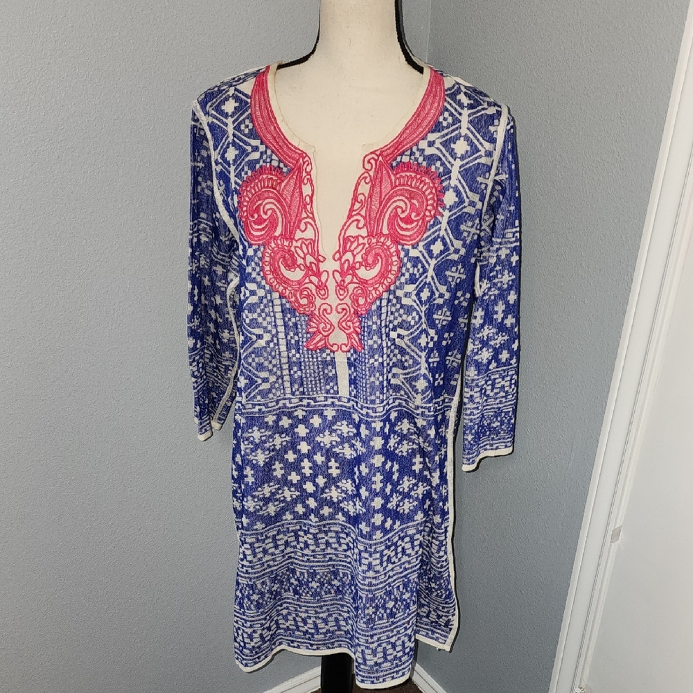 Soft Surroundings Lavel Noor Blue and Pink Patterned Tunic Sz M